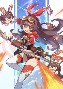 1girl amber_(genshin_impact) archery baron_bunny_(genshin_impact) boots bow_(weapon) brown_eyes brown_gloves brown_hair brown_shorts commentary crossed_bangs english_commentary favonius_warbow_(genshin_impact) fire floating_hair foot_out_of_frame genshin_impact gloves goggles goggles_on_head hair_between_eyes hairband holding holding_bow_(weapon) holding_weapon incoming_attack jacket long_hair long_sleeves looking_at_viewer open_mouth pouch pyro_symbol_(genshin_impact) pyrokinesis red_gloves red_hairband red_jacket red_thighhighs saylamars shorts solo stuffed_toy teeth thigh_boots thighhighs two-tone_gloves upper_teeth_only vision_(genshin_impact) weapon white_boots zettai_ryouiki