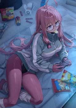 1girl ahoge bag black_ribbon breasts chips_(food) commentary_request controller eating food game_controller glasses grey_jacket hair_ribbon highres holding holding_controller holding_game_controller ideura_shizuri_(neet_kunoichi) indoors jacket koyuki_(kotatsu358) large_breasts leg_warmers leggings long_hair long_sidelocks long_sleeves low-tied_sidelocks lying neet_de_otaku_na_kunoichi_to_naze_ka_dousei_hajimemashita no_shoes on_side pantyhose pink_hair pink_leggings pink_pantyhose purple_eyes ribbon sidelocks solo spread_legs very_long_hair white_leg_warmers