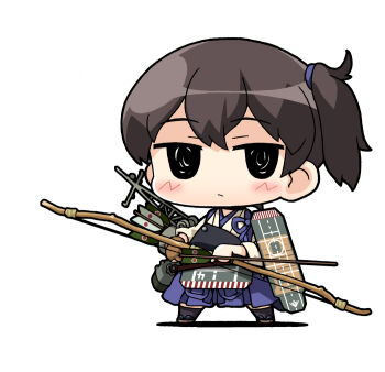 Rule 34 | 1girl, arrow (projectile), black eyes, black thighhighs, blush, bow (weapon), brown gloves, brown hair, chibi, chibi only, closed mouth, flight deck, gloves, hakama, hakama skirt, holding, holding arrow, holding weapon, japanese clothes, kaga (kancolle), kantai collection, kimono, muneate, partially fingerless gloves, partly fingerless gloves, quiver, rigging, side ponytail, simple background, single glove, skirt, solo, standing, tasuki, thighhighs, weapon, white background, yagumo kengou, yugake