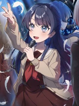 3girls :d blue_eyes blue_ribbon blush brown_cardigan brown_dress brown_hair cardigan commentary_request dress falling_feathers feathers hair_ribbon hajimari_no_haneoto half_updo hasu_no_sora_school_uniform highres holding holding_microphone kachimachi_kosuzu kyaku_tasu light_particles link!_like!_love_live! long_hair long_sleeves love_live! low_twintails microphone microphone_stand mole mole_on_neck multiple_girls murano_sayaka music neckerchief open_cardigan open_clothes open_mouth pleated_dress red_neckerchief ribbon runway_(love_live!) sailor_collar sailor_dress school_uniform singing smile solo_focus twintails virtual_youtuber watermark white_feathers white_sailor_collar winter_uniform yugiri_tsuzuri yugiri_tsuzuri_(post-graduation)