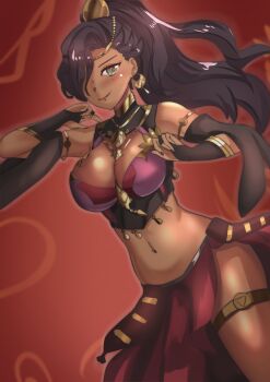 1girl absurdres black_nails blue_eyes blue_hair breasts closed_mouth dancer dark-skinned_female dark_skin earrings fire_emblem fire_emblem:_fortune's_weave gold_choker gold_earrings high_ponytail highres jewelry large_breasts leda_(fire_emblem) looking_at_viewer nail_polish nintendo ponytail smile zipperqr