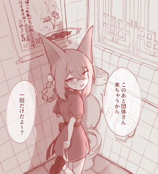 1girl animal_ears blue_archive blush braid braided_hair_rings dress fox_ears fox_girl hair_rings halo highres loli looking_at_viewer monochrome niss_oekaki open_mouth panties panties_around_leg panty_pull puffy_short_sleeves puffy_sleeves rumi_(blue_archive) rumi_(small)_(blue_archive) shoe_soles short_sleeves solo speech_bubble standing standing_on_one_leg toilet translation_request twin_braids underwear