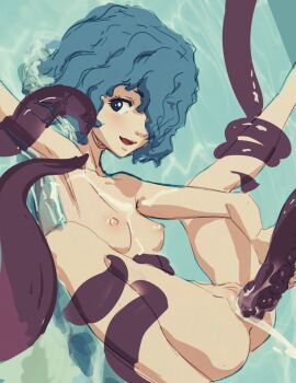 1boy 1girl :d aqua_background berserk bestiality blue_eyes blue_hair breasts butterchalk completely_nude cum cum_overflow dutch_angle feet_out_of_frame guided_penetration hair_over_one_eye hetero highres isma looking_at_viewer matching_hair/eyes nipples nose nude octopus one_eye_covered open_mouth partially_submerged pussy short_hair small_breasts smile spread_legs tareme tentacle_sex tentacles uncensored vaginal