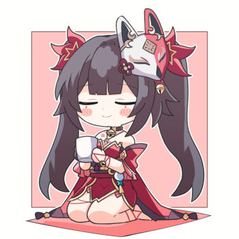 1girl bare_shoulders bell black_hair blunt_bangs blush_stickers border chibi chibi_only closed_eyes closed_mouth commentary_request cup detached_sleeves double-parted_bangs dress full_body hair_bell hair_ornament hair_ribbon highres holding holding_cup honkai:_star_rail honkai_(series) long_hair mask mask_on_head outline outside_border red_background red_dress red_ribbon red_sleeves ribbon sasanekomaru seiza simple_background sitting smile solo sparkle_(honkai:_star_rail) strapless strapless_dress twintails very_long_hair white_border white_outline