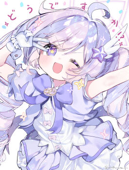 1girl :d absurdres ahoge amanatsu_uni blue_archive blue_hair blush bow bowtie commentary_request dress drill_hair feather_hair_ornament feathers frilled_dress frills gloves hair_ornament halo highres long_hair magical_girl multicolored_hair official_alternate_costume one_eye_closed open_mouth pink_hair puffy_short_sleeves puffy_sleeves purple_bow purple_bowtie purple_eyes purple_hair purple_skirt reisa_(blue_archive) reisa_(magical)_(blue_archive) shirt short_sleeves simple_background skirt smile solo sparkle sparkling_eyes star_(symbol) star_hair_ornament star_halo streaked_hair twintails twitter_username two-tone_hair upper_body v v-shaped_eyebrows white_background white_gloves