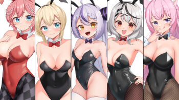 5girls absurdres ahoge alternate_breast_size_(larger) animal_ear_fluff animal_ear_hairband animal_ears antenna_hair bare_shoulders black_bow black_bowtie black_leotard black_pantyhose black_streaks blonde_hair blue_eyes blush bow bowtie braid braided_bun breasts brown_pantyhose cleavage closed_mouth collar collarbone commentary_request covered_navel crown_braid cup demon_girl demon_horns detached_collar drinking_glass fake_animal_ears fang fishnet_pantyhose fishnets grey_hair hair_between_eyes hair_bun hair_ornament hairband hakui_koyori hand_on_own_hip hand_to_own_mouth head_wings highleg highleg_leotard highres holding holding_plate hololive holox horns jitome kazama_iroha la+_darknesss large_breasts leotard long_hair looking_at_viewer medium_hair multicolored_hair multiple_girls open_mouth oversized_breast_cup pantyhose pink_hair plate playboy_bunny ponytail purple_eyes purple_streaks rabbit_ear_hairband rabbit_ears raised_eyebrows ramkilog red_eyes red_leotard sakamata_chloe short_hair simple_background single_braid skindentation small_breasts smile strapless strapless_leotard streaked_hair striped_horns tail takane_lui thighhighs thighs tongue tongue_out traditional_bowtie very_long_hair virtual_youtuber white_background white_collar white_thighhighs white_wrist_cuffs wine_glass wings wolf_ears wolf_girl wolf_tail wrist_cuffs x_hair_ornament yellow_eyes