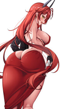 Rule 34 | 1girl, @shun, ass, back, backless dress, backless outfit, black gloves, black jacket, breasts, butt crack, cocktail dress, commentary request, cup, dress, drinking glass, earrings, fang, fingerless gloves, from behind, gloves, goddess of victory: nikke, highres, holding, holding cup, horns, jacket, jewelry, large breasts, long hair, looking at viewer, mechanical horns, official alternate costume, open mouth, red dress, red hair, red hood (nikke), red hood (nonsense red) (nikke), revealing clothes, sideboob, simple background, skin fang, solo, very long hair, white background, wine glass, yellow eyes