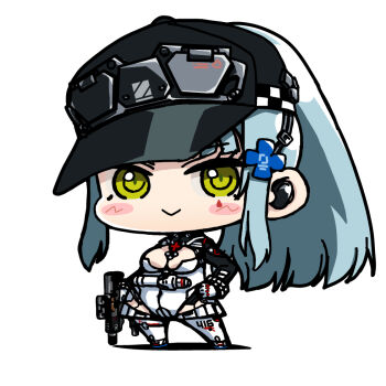 1girl black_hat blue_hair blush breasts chibi chibi_only cleavage commentary_request earpiece eyelashes eyewear_on_headwear girls&#039;_frontline girls&#039;_frontline_2:_exilium green_eyes gun hair_ornament hand_on_own_hip hat hk416_(girls&#039;_frontline) holding holding_gun holding_weapon klukai_(girls&#039;_frontline_2) long_hair looking_at_viewer medium_breasts ponytail simple_background smile solo standing teardrop_facial_mark weapon white_background yagumo_kengou