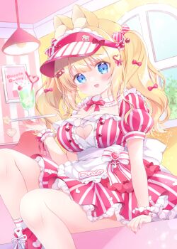 1girl animal_ear_fluff animal_ears apron blonde_hair blue_eyes bow bowtie breasts cherry_hair_ornament chiika_(cure_cherish) cleavage cleavage_cutout clothing_cutout collar commentary crazy_straw detached_collar diner dress drinking_straw food food-themed_hair_ornament frilled_collar frilled_dress frilled_socks frilled_wrist_cuffs frills hair_bow hair_ornament heart heart_cutout heart_hair_ornament heart_straw ice_cream ice_cream_float long_hair nail_polish original pink_nails red_bow red_bowtie red_dress red_footwear shoes sidelocks sneakers socks striped_clothes striped_dress twintails vertical-striped_clothes vertical-striped_dress visor_cap waist_apron white_socks wrist_cuffs