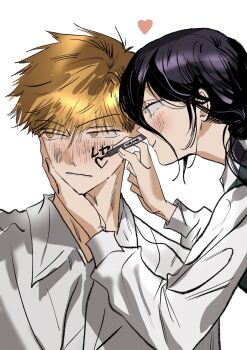 Rule 34 | 1boy, 1girl, blonde hair, blush, brown eyes, busuttt, chainsaw man, closed mouth, collared shirt, commentary request, couple, denji (chainsaw man), drawing on another's face, dress, green eyes, hair between eyes, hair bun, hand on another's cheek, hand on another's face, hetero, highres, holding, holding marker, korean commentary, marker, medium hair, official alternate costume, pinafore dress, purple hair, reze (chainsaw man), school uniform, shirt, sleeveless, sleeveless dress, smile, updo, upper body, white background, white shirt