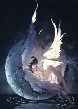 1girl bare_legs bare_shoulders barefoot black_background black_hair closed_eyes closed_mouth columbina_(genshin_impact) covering_privates crack eye_mask feathered_wings genshin_impact highres instagram_username long_hair lying mask moon multicolored_hair night nude nude_cover on_back pink_hair purple_hair reflection ripples ryrmcher shell solo star_(symbol) streaked_hair twitter_username water watermark white_wings wings x-shaped_eyewear