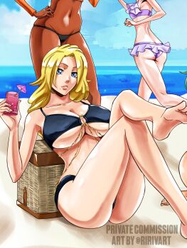 Rule 34 | 3girls, absurdres, artist name, ass, beach, bikini, black bikini, bleach, blonde hair, blue eyes, breasts, cleavage, commission, crossed legs, drink, female focus, groin, hand on own hip, highres, holding, holding drink, kubo tite (style), kuchiki rukia, large breasts, legs up, long hair, looking at viewer, matsumoto rangiku, mole, mole under mouth, multiple girls, navel, outdoors, ririvart, sand, shihouin yoruichi, shore, sitting, standing, swimsuit, thick lips, underboob