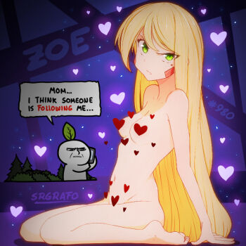 1boy 1girl angry arm_support artist_name artist_self-insert barefoot blonde_hair breasts censored character_name completely_nude english_text facial_mark full_body green_eyes heart heart_censor holding holding_phone leaf leaf_on_head long_hair looking_at_viewer mole mole_under_eye navel nude original parted_lips phone purple_background sitting small_breasts speech_bubble srgrafo talking_on_phone tree very_long_hair wariza zoe_(srgrafo)