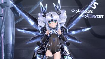 >:) 10s 1girl 3d aqua_eyes bare_shoulders black_gloves black_sister blush character_name choujigen_game_neptune_mk2 clenched_hands closed_mouth covered_navel cowboy_shot drill_hair elbow_gloves english_text female_focus flat_chest forehead_protector gloves gs-mantis halterneck headgear highres leotard light_smile long_hair looking_at_viewer magical_girl mecha_musume mechanical_wings neptune_(series) parted_bangs power_symbol power_symbol-shaped_pupils serious short_hair short_twintails sidelocks smile solo symbol-shaped_pupils thigh_gap thighhighs turtleneck twin_drills twintails uni_(neptunia) v-shaped_eyebrows white_hair wings