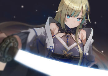 1girl aizawa_ema aizawa_ema_(5th_costume) animal_print bare_shoulders blonde_hair blue_eyes butterfly_print detached_collar flower_knot hair_ornament haori highres holding holding_sword holding_weapon japanese_clothes katana long_hair multicolored_hair parted_bangs solo streaked_hair sword virtual_youtuber vspo! weapon white_haori yoto_4102