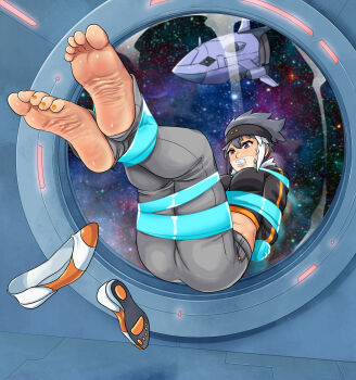 absurdres bdsm bondage bound fantasy_frontier feet feet_up floating floating_object gag gagged grey_hair highres improvised_gag lost_one_zero non-web_source original shoes short_hair sock_gagged socks soles space tape tape_gag taped_fingers taped_hands toes unworn_shoes unworn_socks window