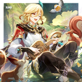 1girl ;d absurdres bird black_bridal_gauntlets black_pants blonde_hair bridal_gauntlets copyright_name fingernails fox genshin_impact hair_between_eyes highres holding holding_instrument instrument kaveh_(genshin_impact) male_focus missing_commentary music official_art one_eye_closed open_mouth pants playing_instrument red_eyes shirt sitting smile solo squirrel teeth upper_teeth_only white_bird white_shirt