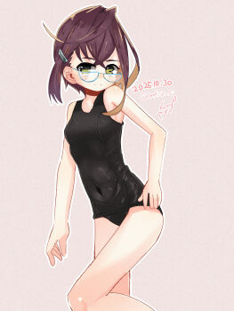 1girl black_hair black_one-piece_swimsuit blue-framed_eyewear breasts brown_hair covered_navel dated green_eyes grey_background hair_ornament hairclip highres kantai_collection mf_u_c multicolored_hair okinami_(kancolle) old_school_swimsuit one-piece_swimsuit school_swimsuit short_hair signature simple_background small_breasts solo swimsuit twitter_username