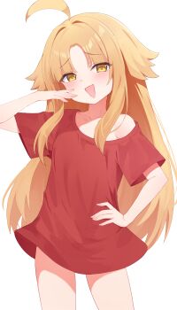 1girl absurdres ahoge bitseon blonde_hair commentary commission cowboy_shot english_commentary flat_chest highres long_hair original red_shirt shirt short_sleeves simple_background solo white_background yellow_eyes