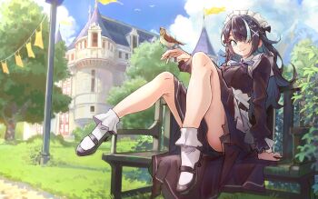 1girl absurdres apron aqua_eyes aqua_hair bird bird_on_hand black_bow black_hair blue_sky bobby_socks bow braid building buisen bush cloud colored_inner_hair commentary feet_up flag full_body grass hair_ornament hair_over_one_eye hairclip hand_on_bench hat hat_bow highres letro light_smile long_hair looking_at_viewer maid maid_apron maid_headdress mansion mary_janes mountain multicolored_hair on_bench outdoors path purple_bow road shoes side_braid sky socks solo string_of_flags sunlight thighs tree two-tone_hair upskirt virtual_youtuber white_socks white_streaks yashiki_ciel
