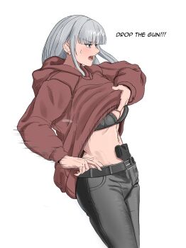 1girl absurdres belt black_belt black_bra black_pants bra breasts brown_eyes clothes_lift commentary english_commentary english_text glock grey_hair gun handgun highres hood hoodie hoodie_lift lauging_man_(shun_a_t_i_o) lifting_own_clothes long_hair navel open_mouth original pants red_hoodie simple_background solo teeth underwear weapon white_background