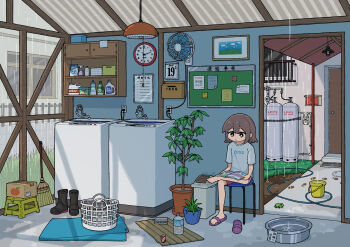 1girl absurdres analog_clock boots box bright_pupils broom bucket bulletin_board calendar_(object) cardboard_box cheribon clock crossed_legs dripping electric_fan flip-flops footprints frog hashtag-only_commentary highres laundry_basket magazine_(object) original plant plastic_bottle potted_plant rain reading sandals shelf shirt short_sleeves shorts single_sandal sitting solo stool trash_can unworn_boots washing_machine white_pupils