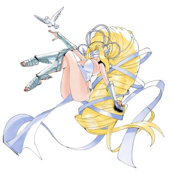 1girl arm_guards arm_up armored_boots bare_shoulders bird blindfold blonde_hair boots breasts covered_eyes crossed_legs digimon digimon_(creature) digimon_focus dove dress facing_viewer full_body hair_ribbon highres holding holding_shell large_breasts long_dress long_hair o-ring o-ring_bottom o-ring_panties panties pelvic_curtain ribbon scallop seashell shell smile solo strapless strapless_dress underwear venusmon very_long_hair wanderjegson white_dress white_panties white_ribbon wing_ears