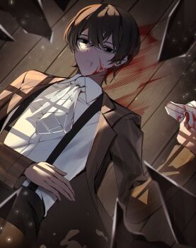 1boy absurdres ascot black_eyes black_hair blood blood_from_mouth blood_on_face brown_coat brown_pants bygone_days_(e.g.o) coat collared_shirt e.g.o_(project_moon) glass_shard hi_i_dubu highres holding_glass_shard lapels limbus_company notched_lapels pants project_moon shirt solo suspenders white_ascot white_shirt wooden_floor yi_sang_(project_moon)