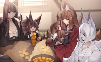 Rule 34 | absurdres, akagi-chan (azur lane), akagi (azur lane), amagi-chan (azur lane), amagi (azur lane), animal ears, azur lane, bell, black kimono, breasts, brown hair, cleavage, commentary request, dated commentary, food, fox ears, fox girl, fox tail, fruit, hair bell, hair ornament, highres, indoors, japanese clothes, kaga (azur lane), kimono, kitsune, long hair, mandarin orange, mother and daughter, multiple girls, multiple tails, red kimono, samip, siblings, sisters, tail, white hair, white kimono
