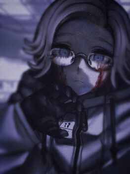 1boy aotsuki_eito black_gloves blood blood_on_face blurry commentary film_grain glasses gloves grey_hair hand_up heavy_film_grain highres jacket looking_at_viewer male_focus purple_eyes ringed_eyes short_hair solo t2525tg the_hundred_line_-last_defense_academy- white_jacket