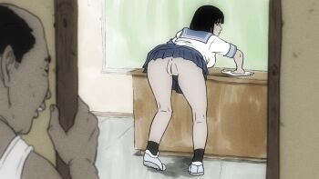 1boy 1girl age_difference anus ass balding bent_over black_hair blunt_bangs blush bottomless breasts chalkboard classroom cleaning cleaning_rag cleft_of_venus desk doorway exhibitionism eye_contact fat_mons film_grain from_behind from_outside full_body hanging_breasts hetero indoors janitor leaning_forward legs_apart looking_at_another looking_back no_panties onlookers original peeking pleated_skirt public_indecency pussy school_uniform serafuku shoes short_sleeves skirt small_breasts sneakers socks standing tagme temon ugly_bastard uncensored upskirt voyeur_pov voyeurism