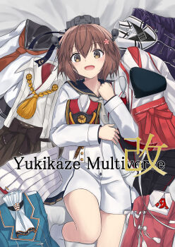 Rule 34 | akagi (kancolle), akagi (kancolle) (cosplay), akatsuki (kancolle), akatsuki (kancolle) (cosplay), black sailor collar, brown eyes, brown hair, clothes in front, cosplay, cover, dress, grey neckerchief, hair flaps, headgear, highres, kantai collection, kongou (kancolle), kongou (kancolle) (cosplay), kongou kai ni (kancolle), kongou kai ni (kancolle) (cosplay), lying, myoukou (kancolle), myoukou (kancolle) (cosplay), myoukou kai ni (kancolle), myoukou kai ni (kancolle) (cosplay), neckerchief, ryuujou (kancolle), ryuujou (kancolle) (cosplay), sailor collar, sailor dress, smile, speaking tube headset, takao (kancolle), takao (kancolle) (cosplay), unworn clothes, yamato (kancolle), yamato (kancolle) (cosplay), yamato kai ni (kancolle), yamato kai ni (kancolle) (cosplay), yuki 4040, yukikaze (kancolle), yukikaze kai ni (kancolle)