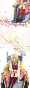 1girl absurdres ashford_academy_school_uniform blonde_hair brown_footwear code_geass collared_shirt dress face_in_shadow falling_petals highres kneehighs loafers long_hair multiple_views necktie nunnally_vi_britannia petals pinafore_dress pink_petals pink_skirt powered_wheelchair red_necktie red_socks school_uniform shirt shoes skirt sleeveless sleeveless_dress socks very_long_hair wheelchair white_shirt youlitai