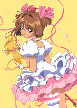 1990s_(style) 1girl asymmetrical_legwear brown_hair cardcaptor_sakura child clamp female_focus frilled_thighhighs frills hair_intakes hoshi_no_tsue kero_(cardcaptor_sakura) kinomoto_sakura kinomoto_sakura_(astral_sakura) magical_girl official_art petals retro_artstyle short_hair simple_background single_thighhigh skirt solo thighhighs two_side_up uneven_legwear wand white_thighhighs yellow_background