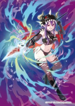 1girl black_gloves black_hat black_panties black_thighhighs black_tube_top breasts closed_mouth copyright_notice demon_girl demon_wings elbow_gloves gloves hat highres long_hair looking_at_viewer low_twintails medium_breasts morriga_(wixoss) official_art panties peron_(niki2ki884) pointy_ears purple_hair red_eyes sidelocks smile solo strapless thighhighs torn_clothes torn_thighhighs tube_top twintails underwear wings wixoss