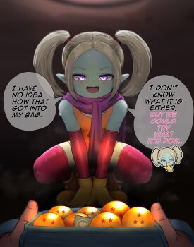 1girl absurdres blue_bag blue_skin colored_skin commentary_request condom condom_wrapper cowboy_shot dragon_ball dragon_ball_daima english_text floating_clothes gloves hand_on_own_hip highres holding holding_mask light_brown_hair loli looking_at_viewer mask masked_majin_(dragon_ball) orange_overalls osukareen overalls painting_(medium) pansy_(dragon_ball_daima) parted_bangs pink_thighhighs pointy_ears purple_eyes purple_scarf scarf signature smirk solo speech_bubble tagme thighhighs traditional_media twintails unworn_mask watercolor_(medium) yellow_gloves