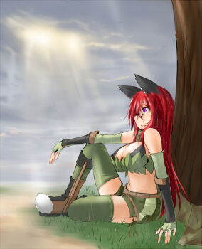 1girl after_rain animal_ears belt black-framed_eyewear black_bra boots bra breasts brown_belt camouflage_scarf cat_ears cat_girl cleavage cloud cloudy_sky commentary_request day elbow_gloves fingerless_gloves full_body glasses gloves grass green_gloves green_scarf green_shorts green_thighhighs green_tube_top kaminagi_(kaminagi-tei) large_breasts light_rays long_hair midriff navel open_mouth outdoors overcast profile purple_eyes ragnarok_online ranger_(ragnarok_online) red_hair scarf shorts sitting sky solo strapless sun sunbeam sunlight thighhighs tree tube_top under_tree underwear