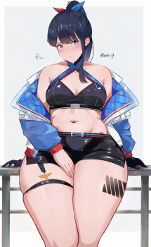 1girl absurdres black_gloves black_hair black_shorts blue_eyes blush border bow breasts cleavage closed_mouth collarbone curvy gloves grey_background gridman_universe hand_in_pocket highres jacket long_hair looking_at_viewer multicolored_bow navel official_alternate_costume open_clothes open_jacket ponytail railing shee-p_(inemurisheep113) short_shorts shorts sidelocks simple_background small_breasts socks solo takarada_rikka thick_thighs thigh_strap thighs unworn_gloves white_border