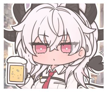 1girl beer_mug black_horns black_tail breasts bright_pupils character_name chest_harness closed_mouth collared_shirt commentary cup curled_horns demon_tail futaba_(anti_clockwise) hair_between_eyes harness highres holding holding_cup horns large_breasts long_hair looking_at_viewer mug necktie red_eyes red_necktie shirt solo symbol-only_commentary tail upper_body white_pupils white_shirt wuthering_waves zani_(wuthering_waves)
