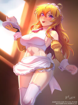 1girl abs alternate_costume apron artist_name blonde_hair breasts crop_top detached_sleeves dress enmaided frilled_hairband frills hairband highres holding holding_saucer large_breasts long_hair looking_at_viewer maid mechanical_arms midriff miniskirt navel necktie prosthesis prosthetic_arm purple_eyes rwby saucer sideboob single_mechanical_arm skirt teapot thighhighs toned toned_female tongue tongue_out vilde_loh_hocen white_apron white_thighhighs yang_xiao_long yellow_dress