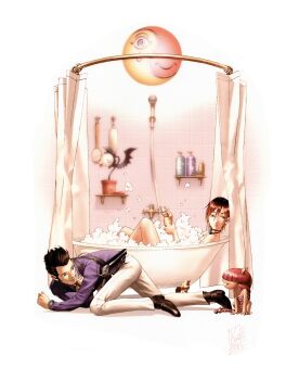 1boy 1girl absurdres all_fours artist_name bathing bathtub black_hair brown_hair demon_(megami_tensei) devil_summoner_(game) devil_summoner_(series) finger_to_mouth gump_(devil_summoner) hair_over_eyes highres holster jewelry kazuma_kaneko kuzunoha_kyouji necklace obariyon_(megami_tensei) official_art photoshop_(medium) plant pompadour rei_reiho scan shin_megami_tensei shower_curtain signature sneaking soejima_shigenori third-party_source