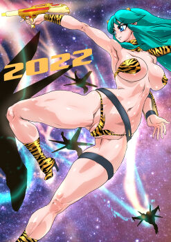 1girl 2022 absurdres animal_print armpits bad_tag belt bikini blue_eyes boots breasts closed_mouth covered_erect_nipples energy_gun eyeshadow green_hair gun high_heel_boots high_heels highres holding holding_gun holding_weapon horns knee_boots large_breasts long_hair lum makeup navel oni oni_horns outstretched_arm partially_visible_vulva scarf shiny_skin skindentation solo space star_(sky) stomach strapless strapless_bikini swimsuit thick_thighs thigh_strap thighs tiger_print urusei_yatsura weapon yuri_ai