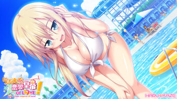 1girl aqua_eyes bare_arms bare_shoulders beach_umbrella bent_over bikini blonde_hair blue_sky blush breasts cleavage cloud collarbone copyright_name day front-tie_bikini_top front-tie_top hair_between_eyes hand_on_own_knee hand_up innertube large_breasts long_hair looking_at_viewer love_of_ren'ai_koutei_of_love! official_art ootori_erika oozora_itsuki open_mouth people side-tie_bikini_bottom sky smile solo_focus standing swim_ring swimsuit thighs tucking_hair umbrella water white_bikini
