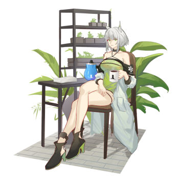 1girl absurdres animal_ears arknights bare_legs bare_shoulders black_choker black_footwear breasts cat_ears chair choker coffee_pot commentary criss-cross_halter crossed_legs cup dress green_dress green_eyes halterneck high_heels highres holding holding_cup kal'tsit_(arknights) large_breasts long_sleeves looking_at_viewer mug naoel_(naoel_art) off-shoulder_dress off_shoulder plant rhodes_island_logo_(arknights) short_hair silver_hair sitting solo thighs