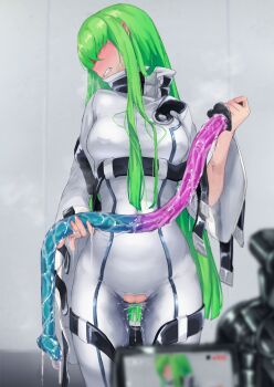1boy 1girl belt blush breasts c.c. cameltoe camera clothing_cutout code_geass crotch_cutout dildo faceless green_hair highres holding holding_sex_toy huge_dildo long_hair long_sleeves looking_away medium_breasts nipple_piercing piercing pornography_production pussy_juice pussy_juice_stain pussy_juice_trail recording saliva saliva_trail sex_toy shirabe_shiki solo straitjacket sweat very_long_hair wet wet_hair