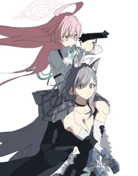 2girls ahoge animal_ears black_dress blue_archive breasts carrying cleavage dress fnym grey_hair gun halo highres holding holding_gun holding_weapon hoshino_(blue_archive) multiple_girls pink_hair pleated_skirt shiroko_terror_(blue_archive) shirt shoulder_carry skirt walking weapon white_shirt wolf_ears