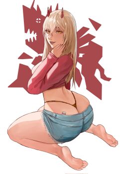 1girl bare_legs barefoot blonde_hair chainsaw_man commentary crop_top demon_horns denim denim_shorts facing_away g-string hair_between_eyes hand_on_own_neck highres horns light_smile lips long_hair long_sleeves looking_at_viewer looking_back luwdd parted_lips pink_shirt power_(chainsaw_man) red_horns sharp_teeth shirt short_shorts shorts simple_background soles solo teeth thong very_long_hair yellow_eyes