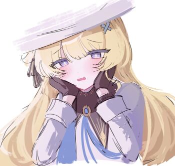 1girl black_gloves blonde_hair blue_eyes blue_sash blush gloves hair_ornament hat highres long_hair long_sleeves looking_at_viewer open_mouth phoebe_(wuthering_waves) sash shirt simple_background solo soyogi_nrso white_background white_hat white_shirt wuthering_waves x_hair_ornament