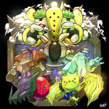 Rule 34 | cloud, gen 3 pokemon, gen 4 pokemon, gen 8 pokemon, golem, kaosu (kaosu0905), legendary pokemon, mixed-language commentary, nintendo, no humans, pokemon, pokemon (creature), pokemon focus, regice, regidrago, regieleki, regigigas, regirock, registeel