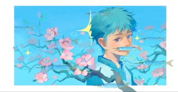 1boy air_bubble blue_background blue_eyes blue_hair branch bubble cherry_blossoms cherry_tree fish flower highres male_focus original petals pink_flower short_hair sparkle two-tone_shirt underwater zhouer13